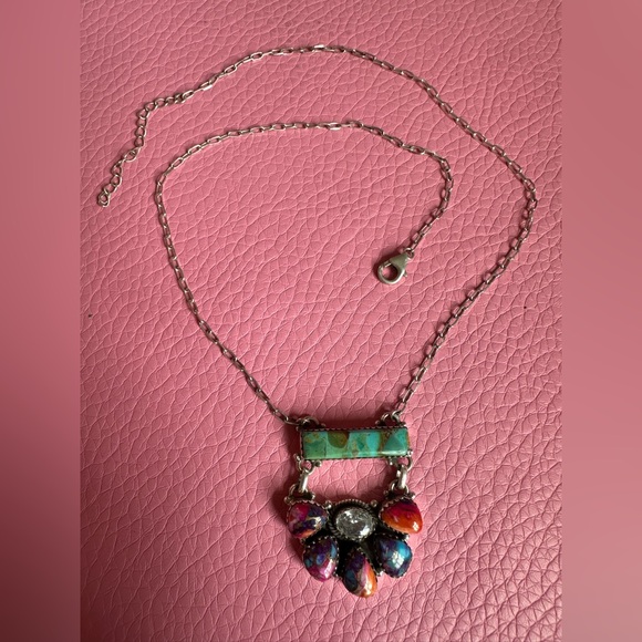 Colorful Sterling Turquoise Dahlia and Spiny Oyster Gemstone Pendant Necklace - Picture 3 of 5